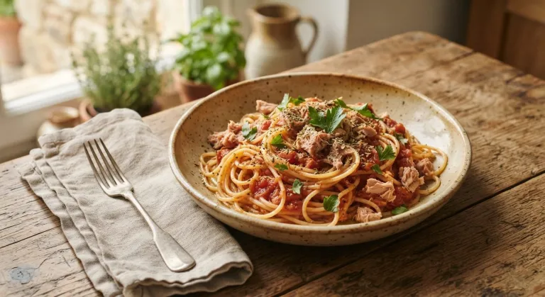 Espaguetis con tomate y atún