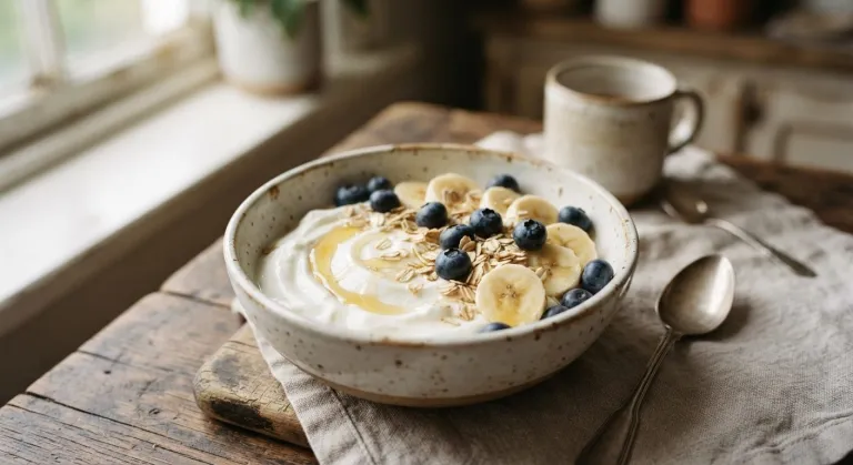 Yogur con fruta, avena y miel