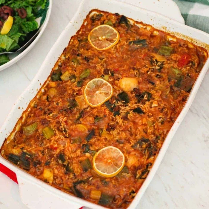 Tavë me Presh ska Mish: gratinado de puerros sin carne