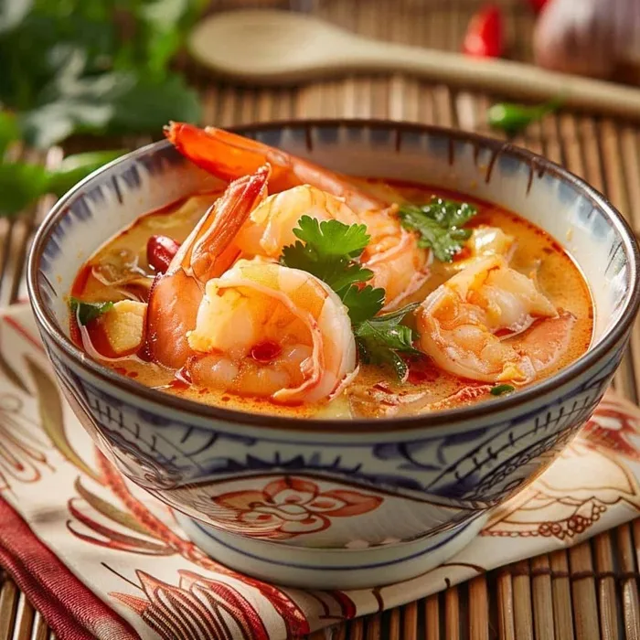 Sopa tom yum (picante y agria) con gambas